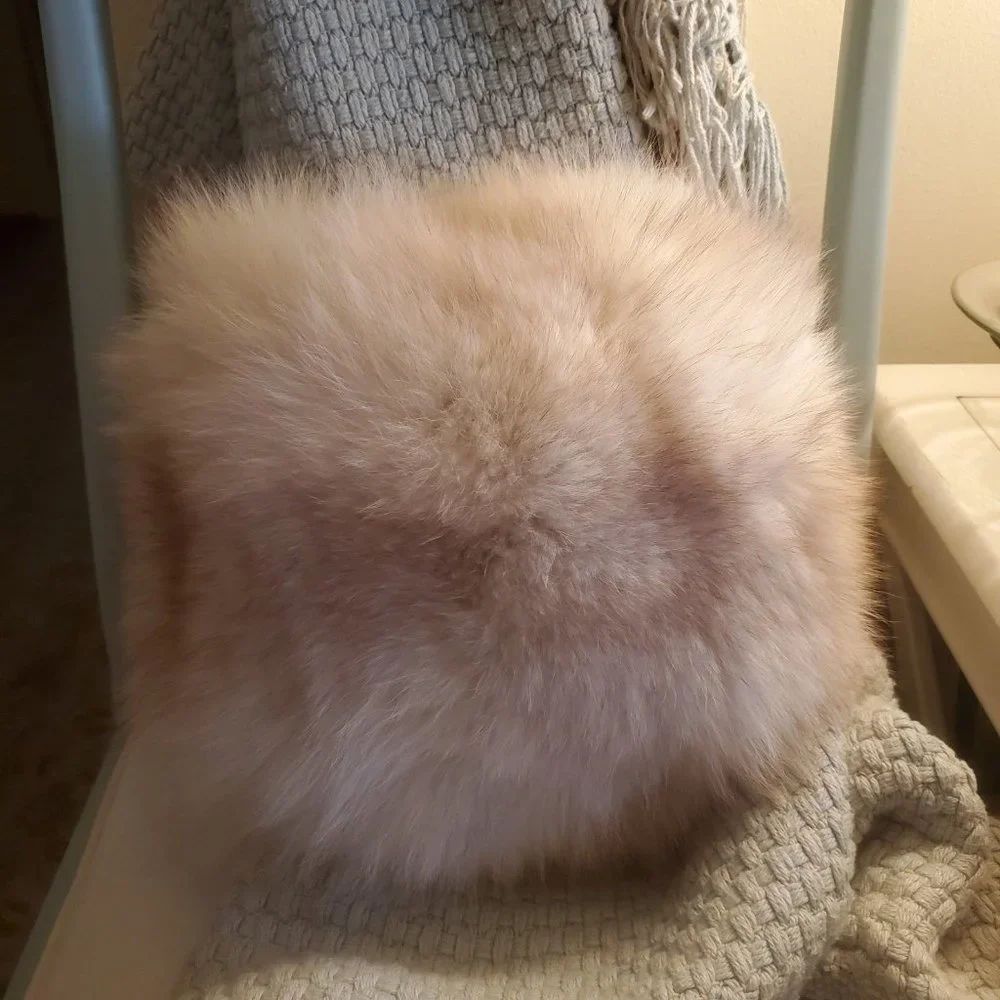Vintage Genuine White Fox Fur Throw Pillow